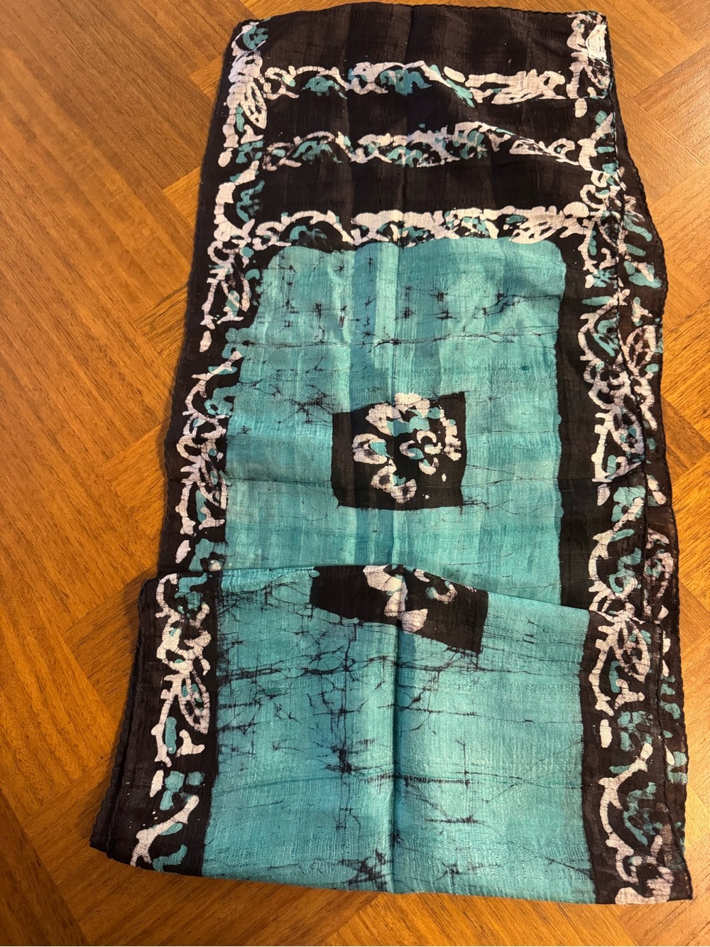 Hand dyed Indian Silk Scarf, Beautiful Turquoise, White and Black Patique Print